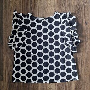 💙 Who What Wear Ruffle Sleeve Polkadot Preppy Blouse Linen Blend Size L